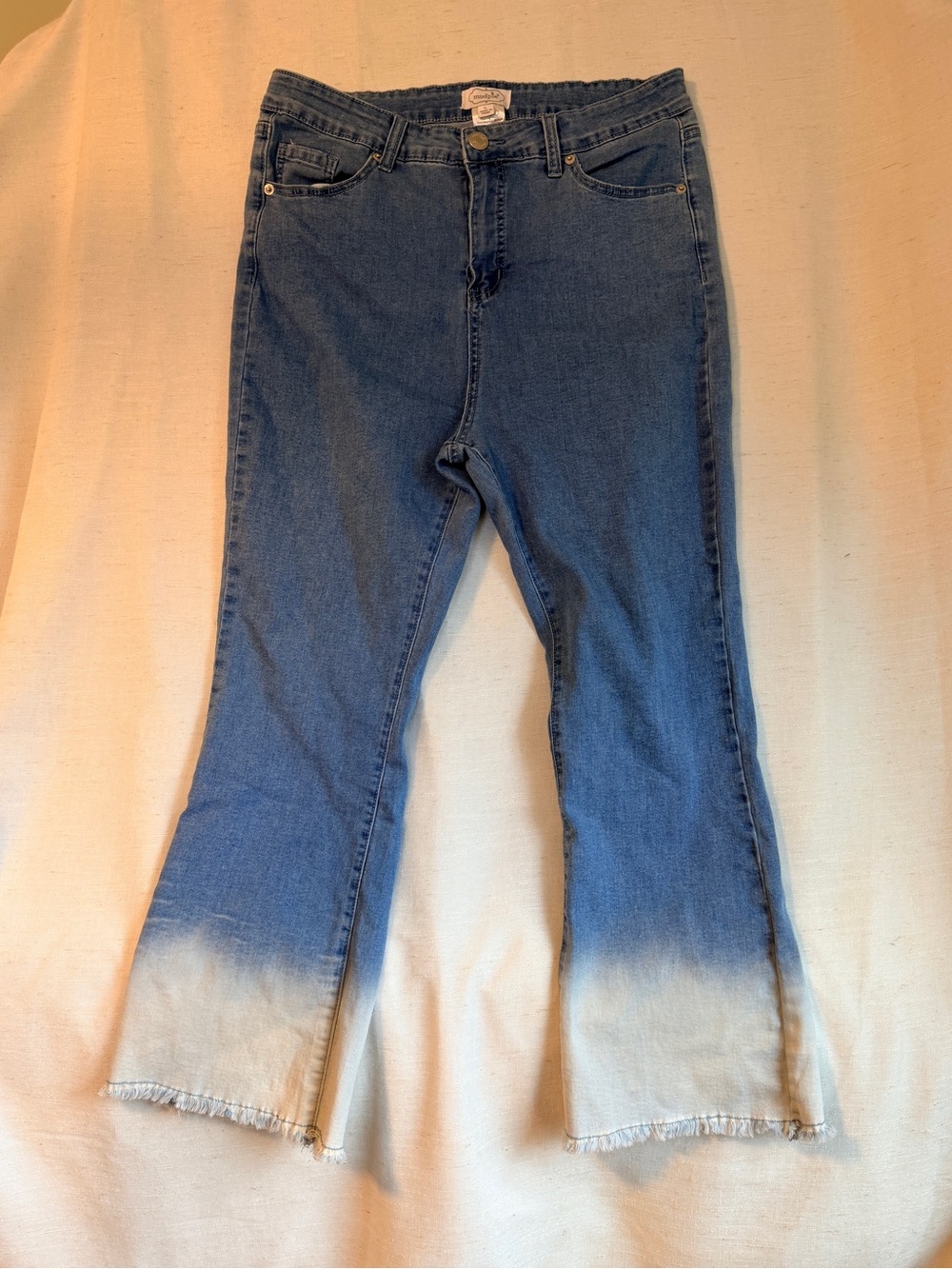 Mud Pie Lottie Ombre Cropped Flare Jeans L Blue Frayed Raw Hem Stretch
